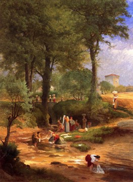 Jour de lavage près de Perugia aka italien Washerwomen Tonalist George Inness Peinture à l'huile